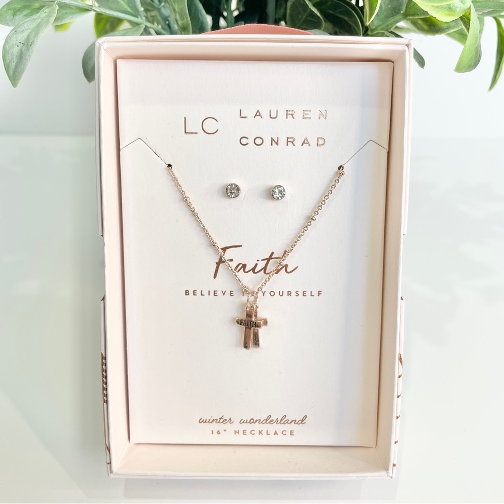 Christian faith LC Lauren Conrad rose gold, believe in yourself necklace earring
